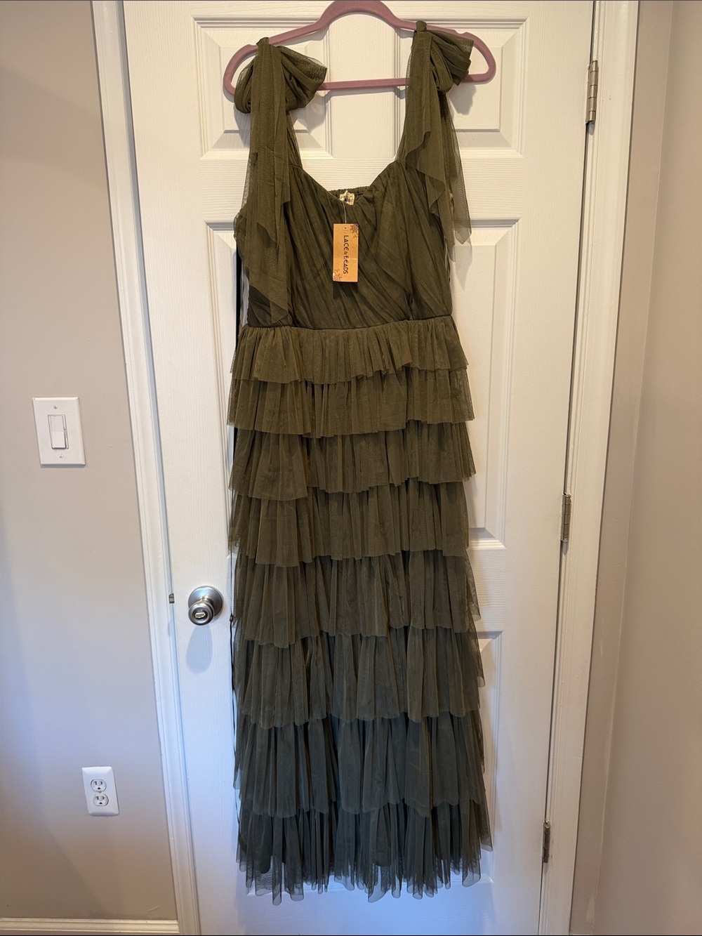 NWT ASOS Curve x Lace and Beads Olive Green Tiered Tulle Maxi Dress - Picture 5 of 8